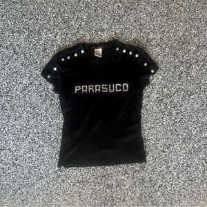 Parasuco ✦  V-Neck Y2K Silver Studded Logo Black Top (S)